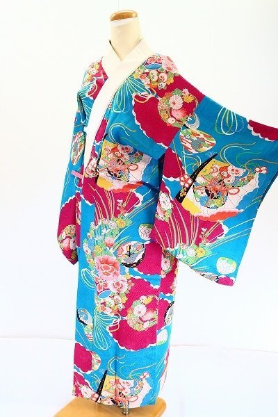 【着物フィ】アンティーク 長襦袢 身丈121cm エメラルドブルー 可愛い　大正ロマン レトロ　kimono　仕立上がり　正絹　日本　15328_画像1