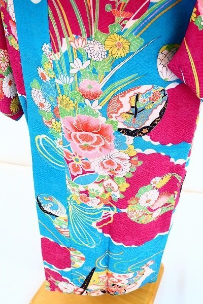【着物フィ】アンティーク 長襦袢 身丈121cm エメラルドブルー 可愛い　大正ロマン レトロ　kimono　仕立上がり　正絹　日本　15328_画像2
