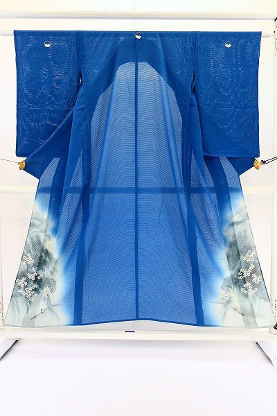 【着物フィ】アンティーク 色留袖 絽 縮緬 群青色 身丈149cm 桜 大正ロマン レトロ kimono 仕立上がり 13887の画像1