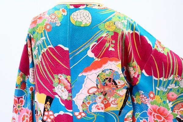 【着物フィ】アンティーク 長襦袢 身丈121cm エメラルドブルー 可愛い　大正ロマン レトロ　kimono　仕立上がり　正絹　日本　15328_画像6