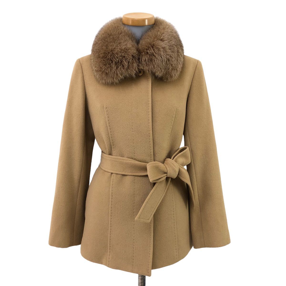 B352 J&R J&R coat fox fur 2way belt attaching outer outer garment feather weave long sleeve Anne gola beige lady's M made in Japan 
