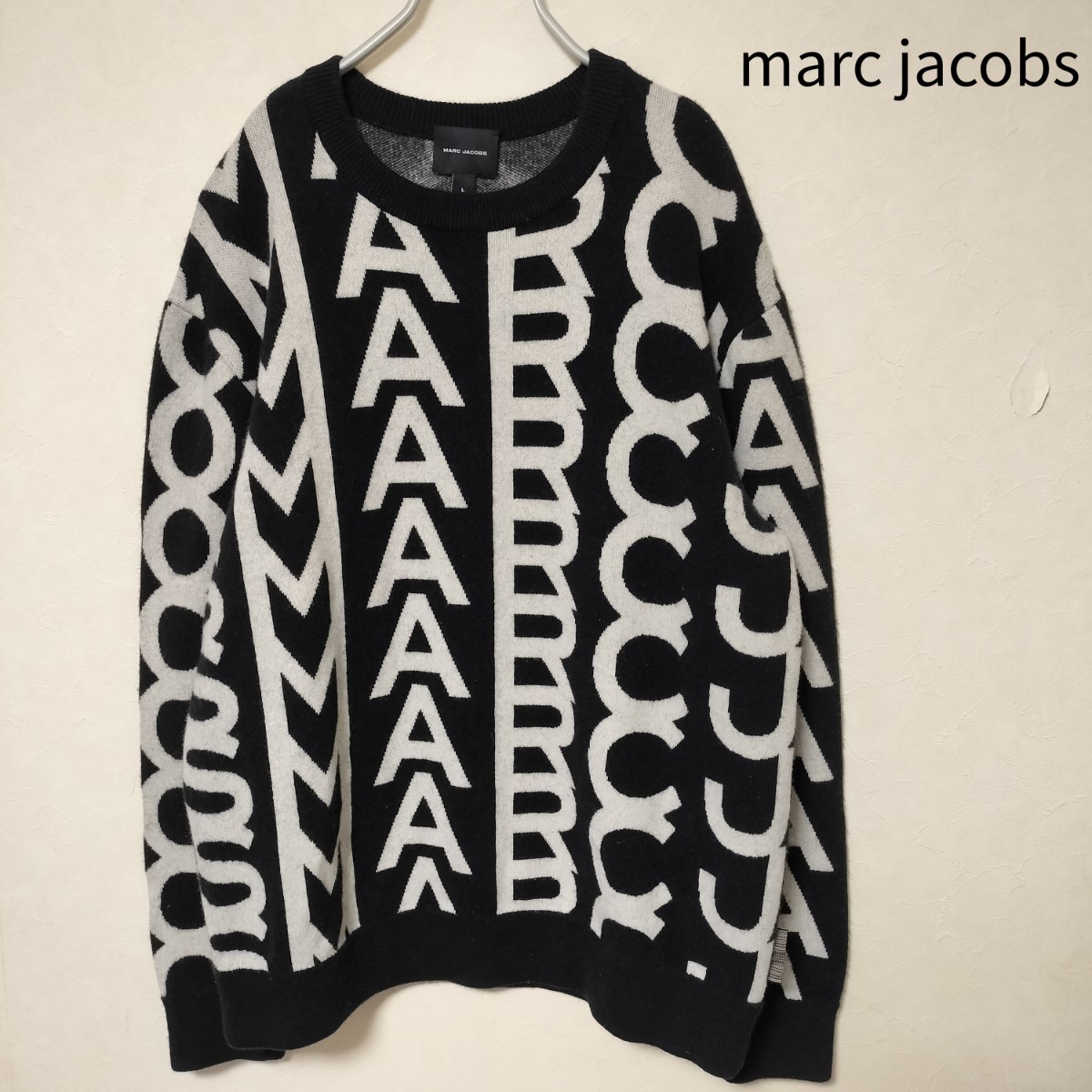送料無料！MARC JACOBS マークジェイコブス モノグラム オーバーサイズ クルーネック ニット L 総柄 ロゴ セーター