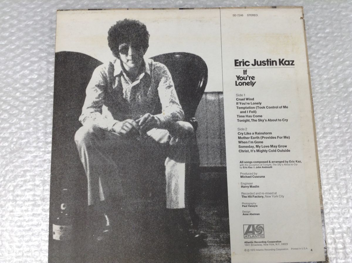 D368-80　⑥LPレコード 　Eric Justin Kaz(エリック・カズ)「If You're Lonely」LP（12インチ）/Atlantic(SD 7246)/Rock　中古_画像2