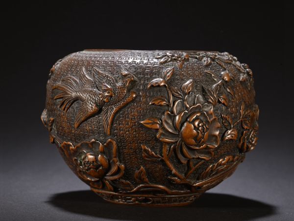 「清代 乾隆年製 古銅彫 花鳥紋鉢」旧銅器 置物擺件 賞物 中国古美術 旧蔵出