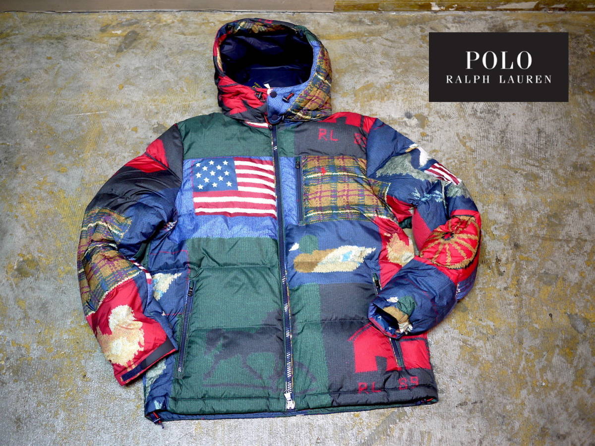 海外限定 新品 約7万 L/ポロ ラルフローレン 転写 パッチワーク ダウン ジャケット 撥水 POLO Ralph Lauren DOWN JKT_画像1