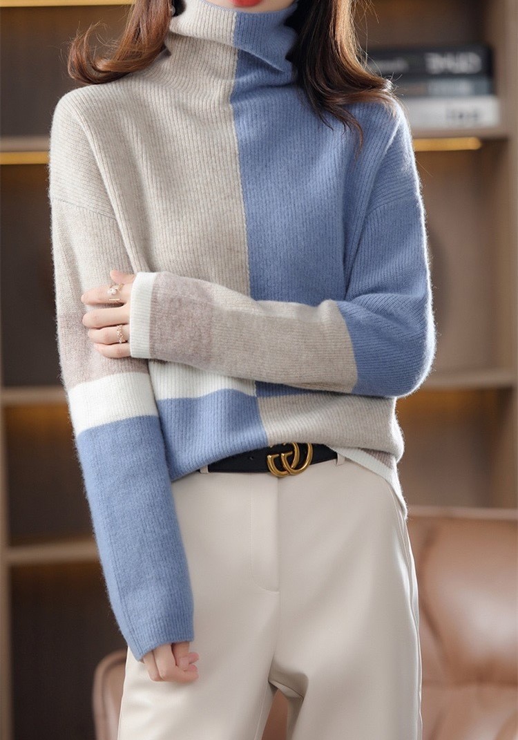 新品☆ 高品質ミンクカシミヤとろける柔らかく暖かいバイカラーニットセーター　ブルー　L_画像4