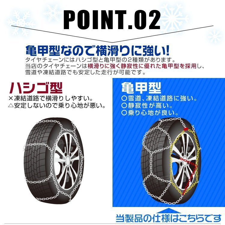 【1円セール】タイヤチェーン 155/65R14 145/80R13 他 金属スノーチェーン 亀甲型 12mmリング 1セット(タイヤ2本分) 30サイズ [簡単装着]_画像6