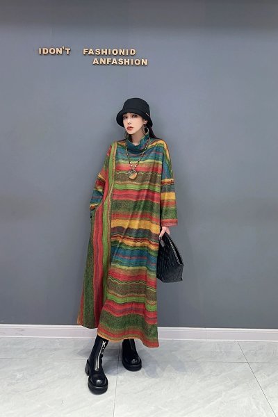 jd ロングワンピース 大人可愛 ゆったり 洋服 楽ちん 縞縞模様 虹色_画像3