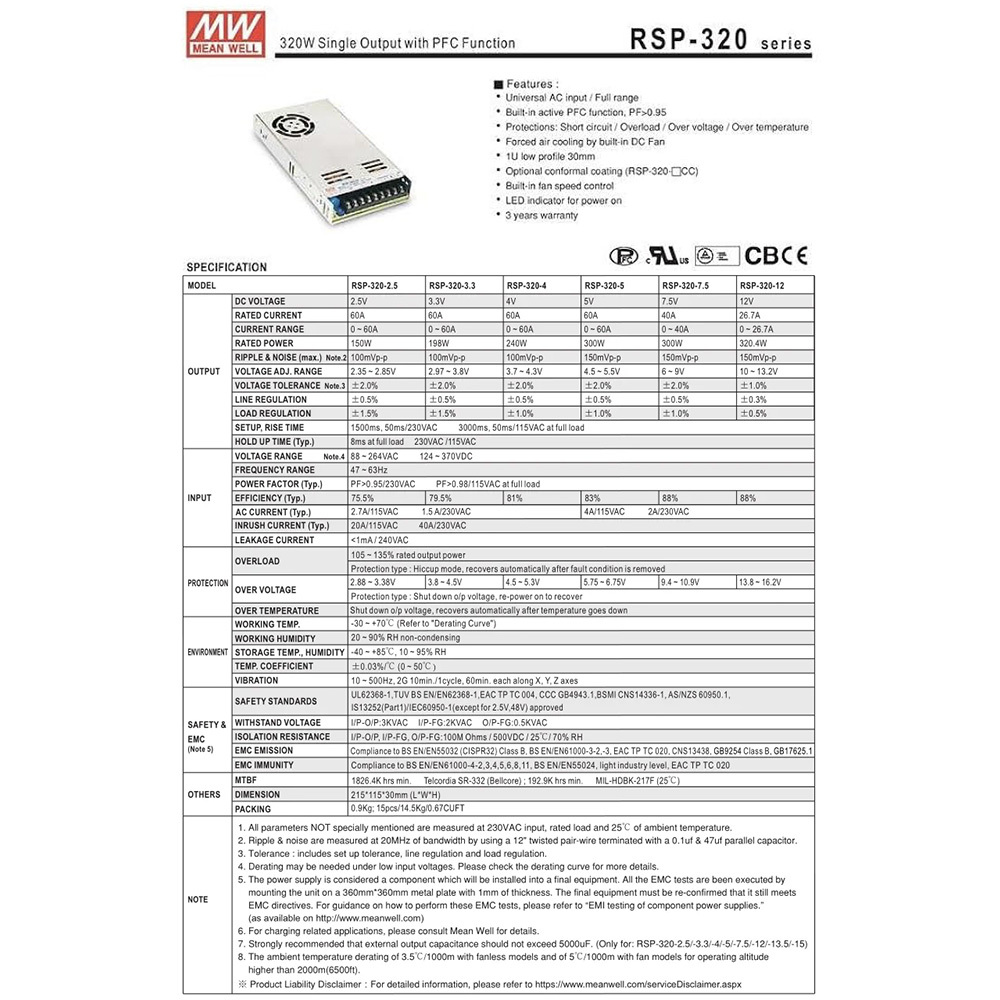 * free shipping new goods * switching regulator MeanWell RSP-320-12 transformer 12V 320W 26A AC100-200V converter 