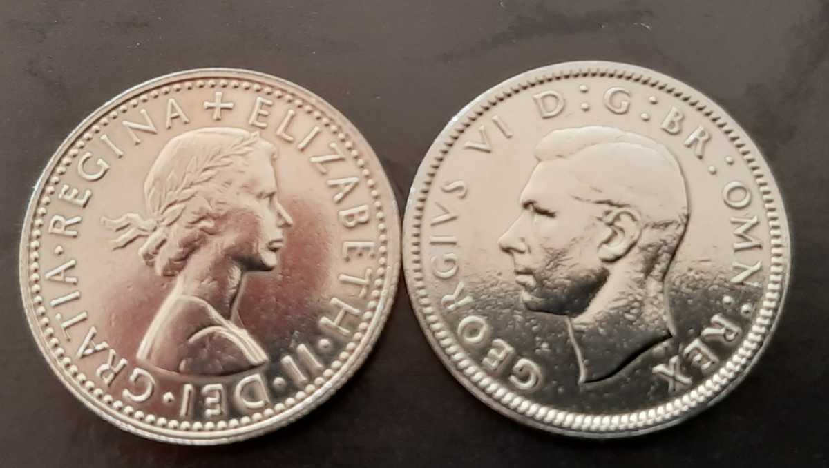 幸せのシックスペンス 2種類 イギリス ラッキー6ペンス 英国コイン 美品です 本物 19.5mm 2.8gram エリザベス女王&ジョージVI_画像1