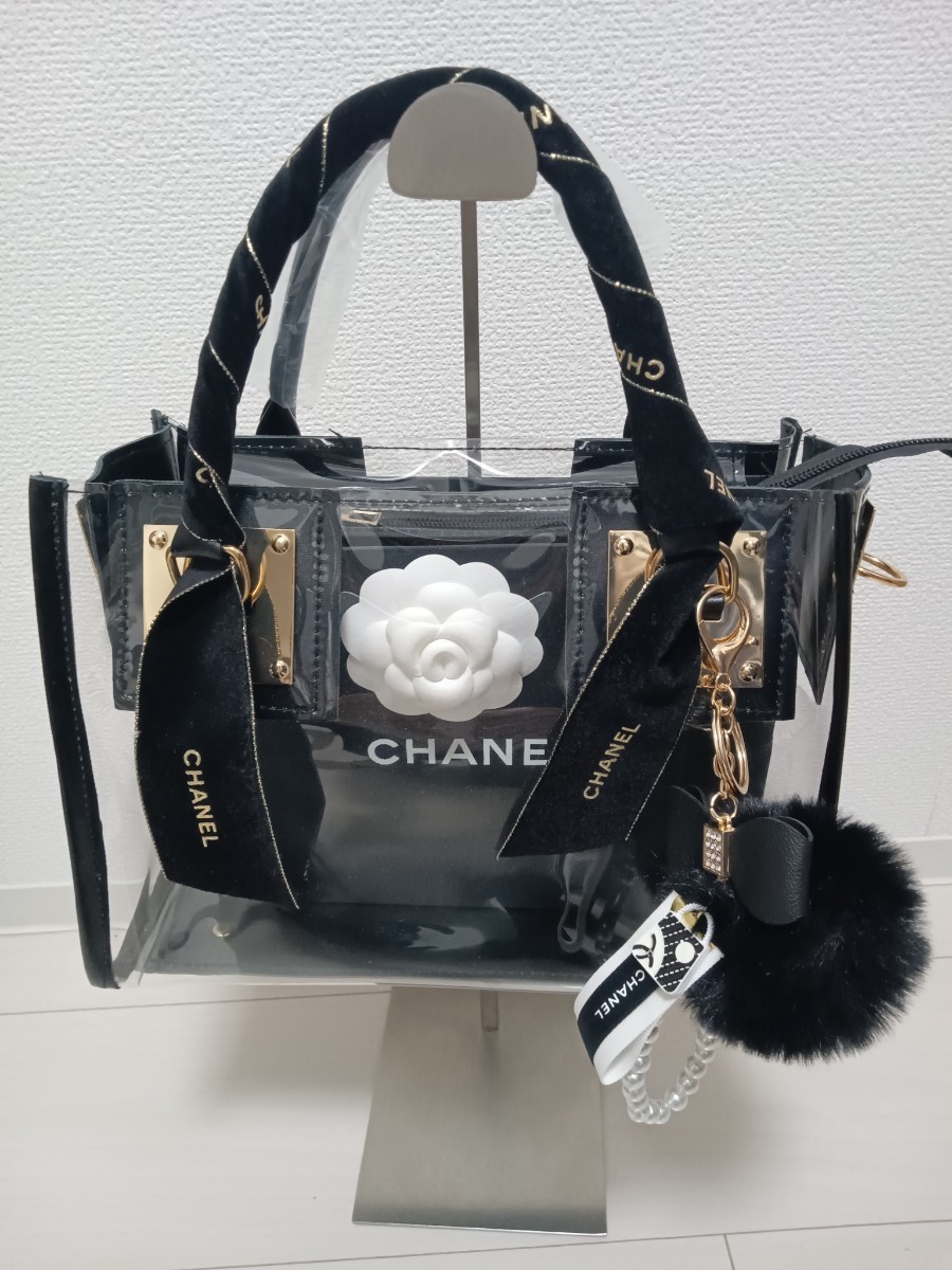 シャネル CHANEL ショップ袋、2023年クリスマス限定カメリア付き新品クリアバッグリボン、チャーム_画像1