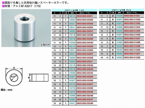 キタコ 0900-093-00046 スペーサーカラー 6φ 外径18mmX厚20mm 1個_画像1