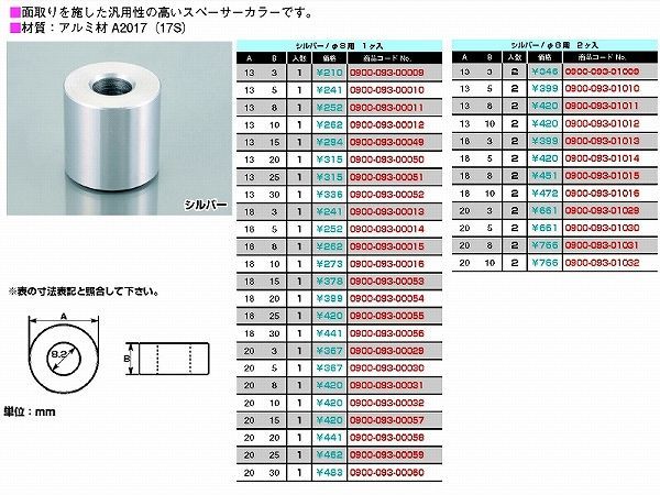 キタコ 0900-093-00059 スペーサーカラー 8φ 外径20mmX厚25mm 1個_画像1