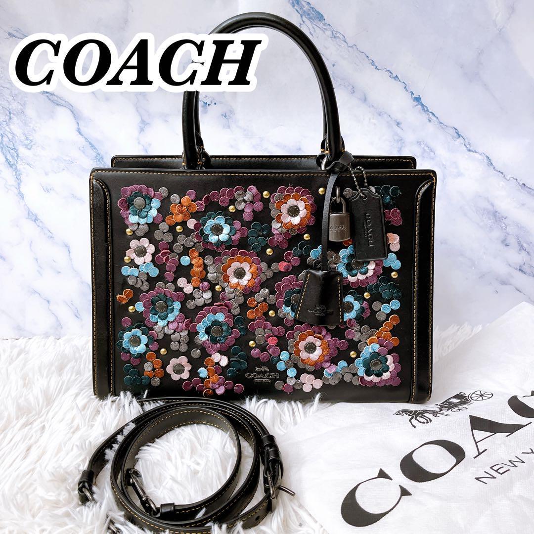 送料無料　希少　美品　COACH コーチ ティーローズ 2WAY ショルダーバッグ　ハンドバッグ　ブラック　フラワー　花　F89041 ゾーイ_画像1