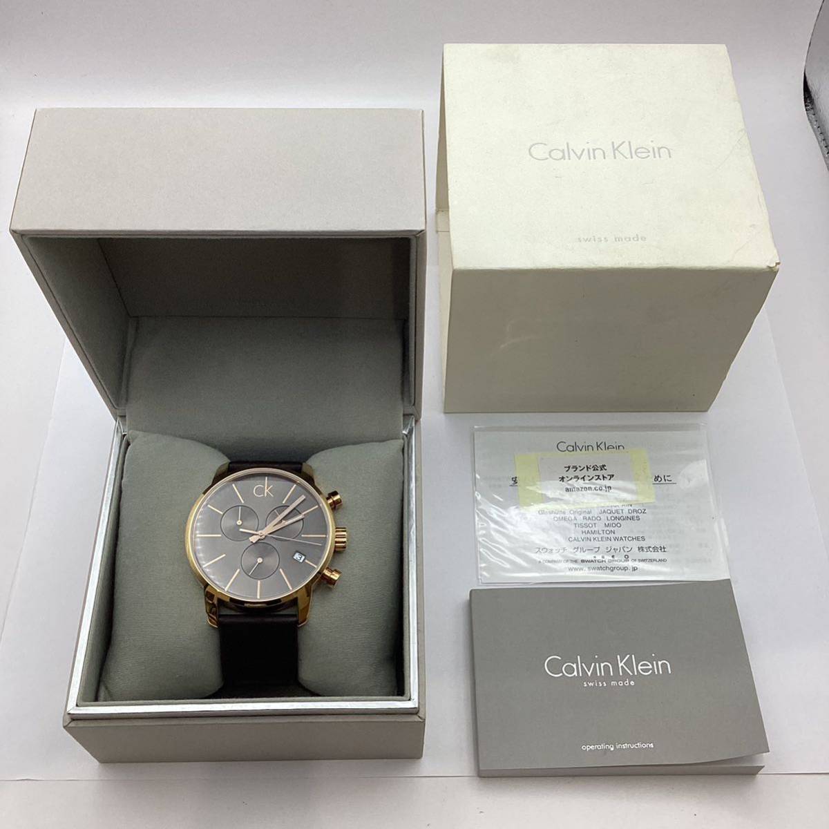 【6733】Calvin Klein カルバンクライン K2G 276 クォーツ デイト クロノグラフ 腕時計 CK ゴールド 現状品 箱あり 中古品 二次流通品_画像1