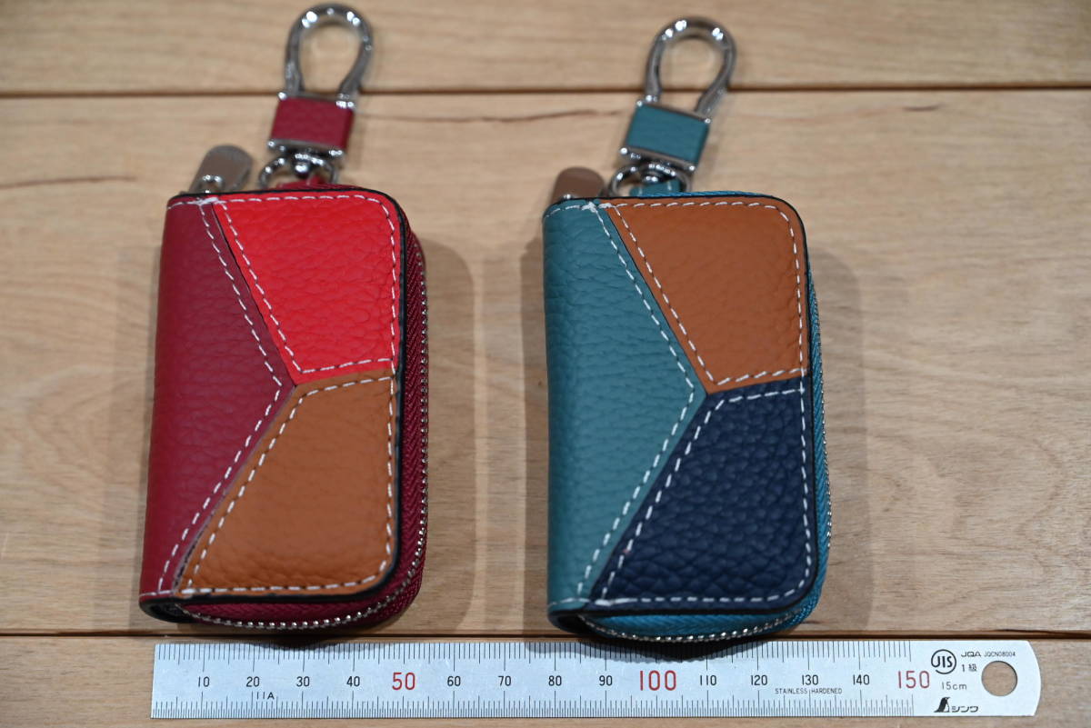 * hand made cow leather key case tricolor hook attaching * blue or red unused goods!