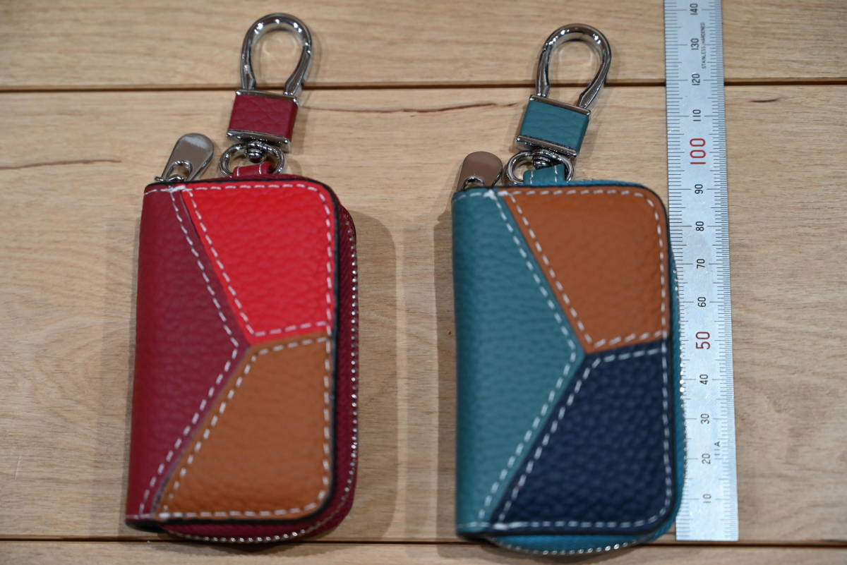 * hand made cow leather key case tricolor hook attaching * blue or red unused goods!