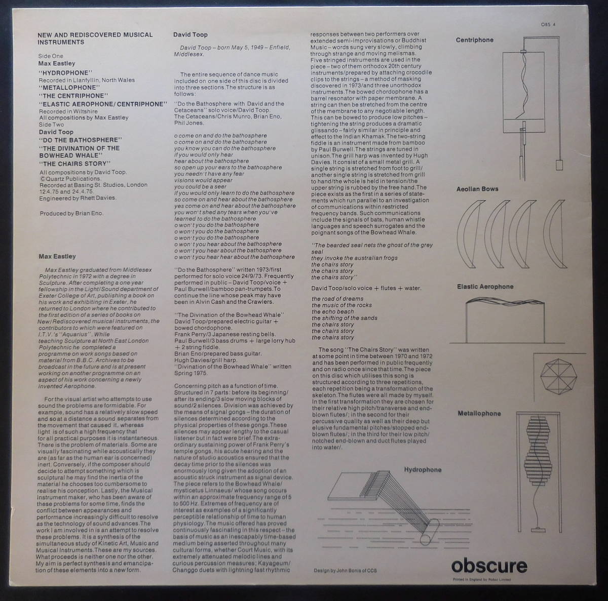DAVID TOOP / MAX EASTLEY／NEW AND REDISCOVERED MUSCAL INSTRUMENTS ENOイーノ関連 OBSCURE OBS 4 1975英国オリジナル美盤 A1/B1の画像5