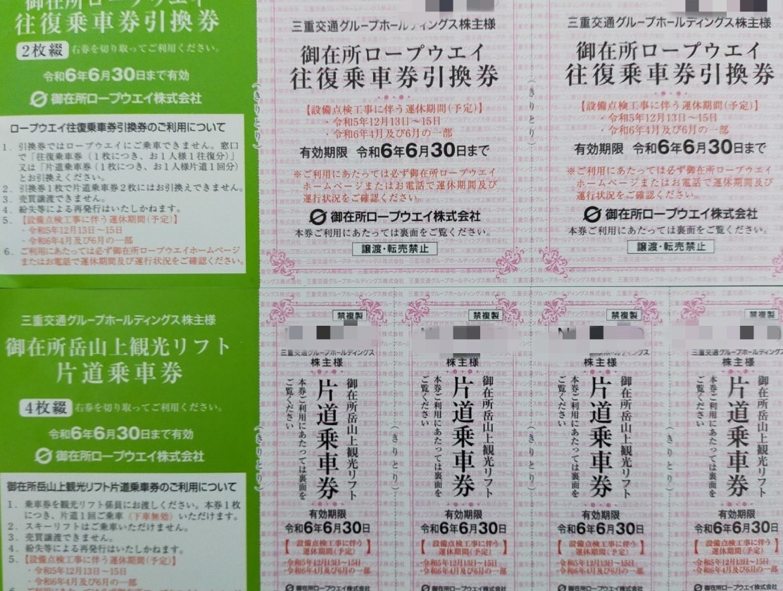 送料無料　最新　三重交通　優待　2名様分　御在所ロープウェイ　往復乗車券引換券2枚+観光 リフト片道乗車券4枚 2024-6-30まで_画像1