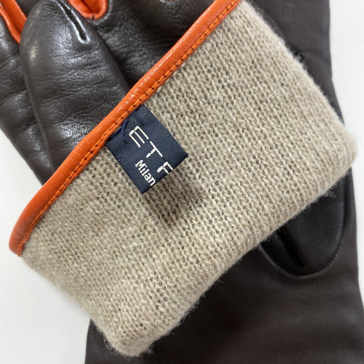 [ beautiful goods ] Italy made ETRO Etro lady's leather glove leather gloves Brown × orange lining attaching 
