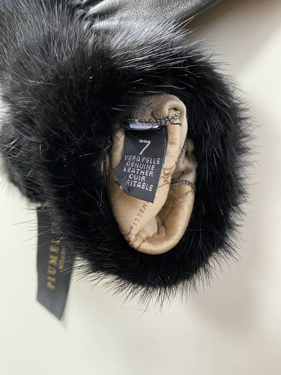 [ unused ] Italy PIUMELLIpyumeli fur attaching leather glove black leather gloves finger less size 7 silk lining 