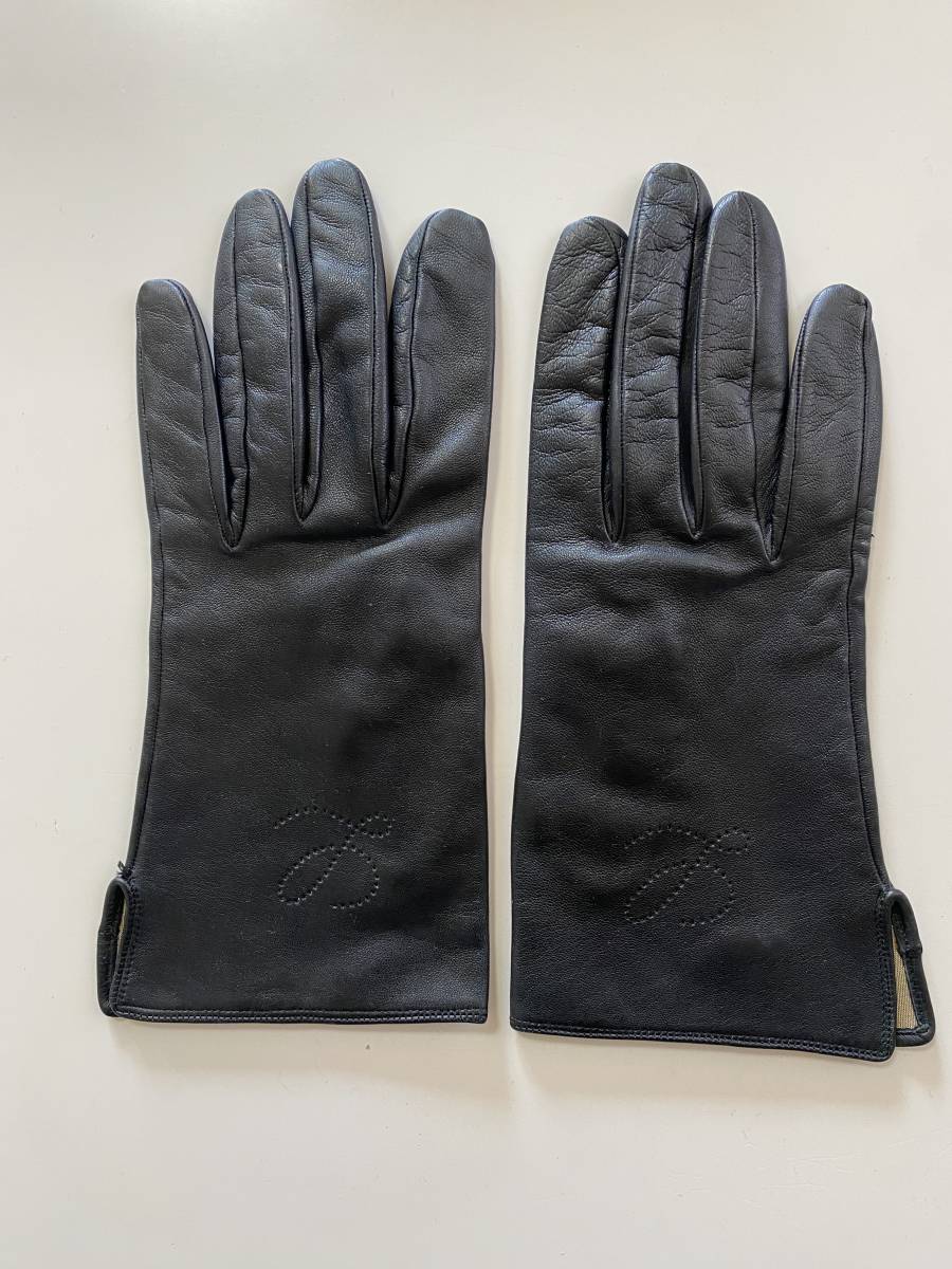 [ beautiful goods ] Loewe LOEWE France made lady's leather glove black black leather gloves silk lining 