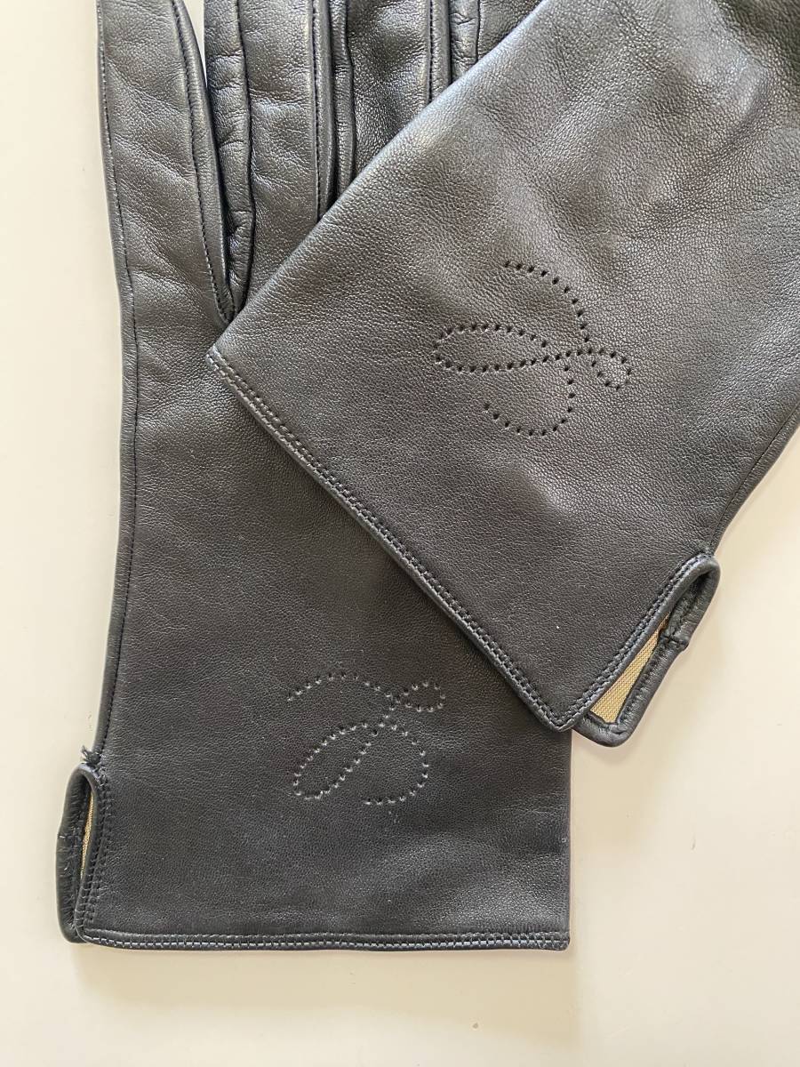 [ beautiful goods ] Loewe LOEWE France made lady's leather glove black black leather gloves silk lining 