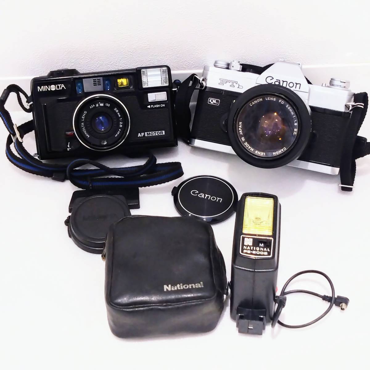 (SM1026) Canon キャノン FTb 38ｍｍ 1：2.8 Φ46ｍｍ MINOLTA ミノルタ HI-MATIC AF2-MD 50ｍｍ 1:1.8 PE2002 フイルムカメラ ストロボ_画像1