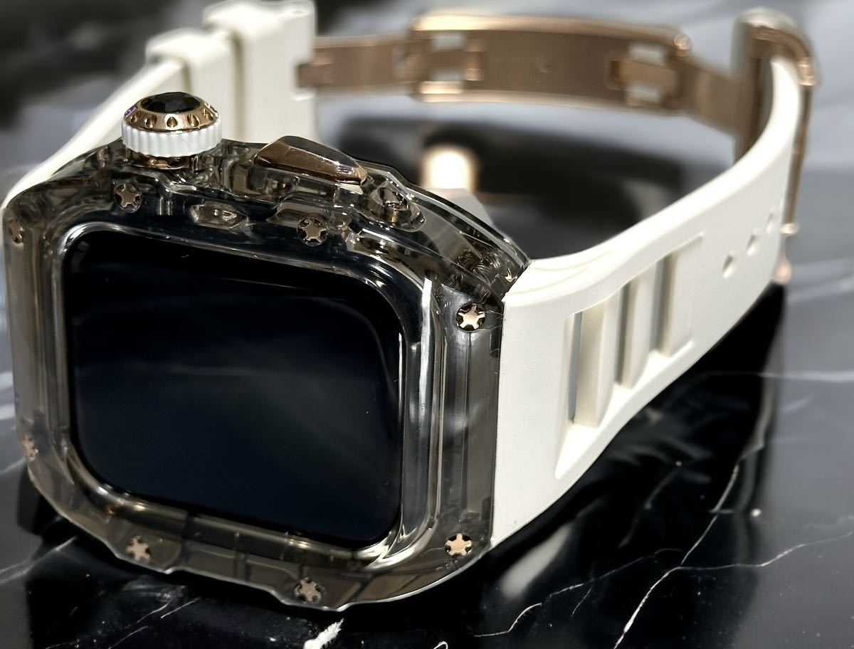 クリアブラック&ホワイト★アップルウォッチバンド ラバーベルト カバー　Apple Watch クリア ケース 44mm 45mm