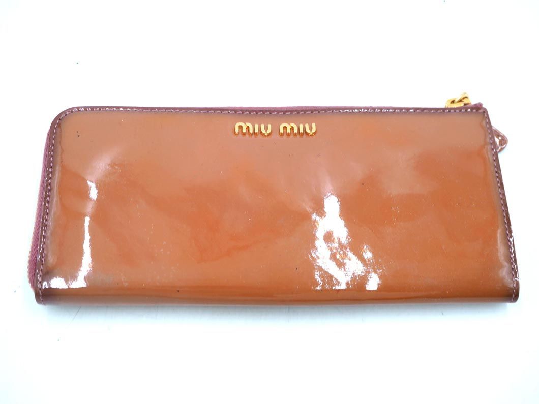 ネコポスOK miu miu ミュウミュウ エナメル リボン 長 財布 ピンクベージュ ■■ ☆ ead0 レディース_画像1