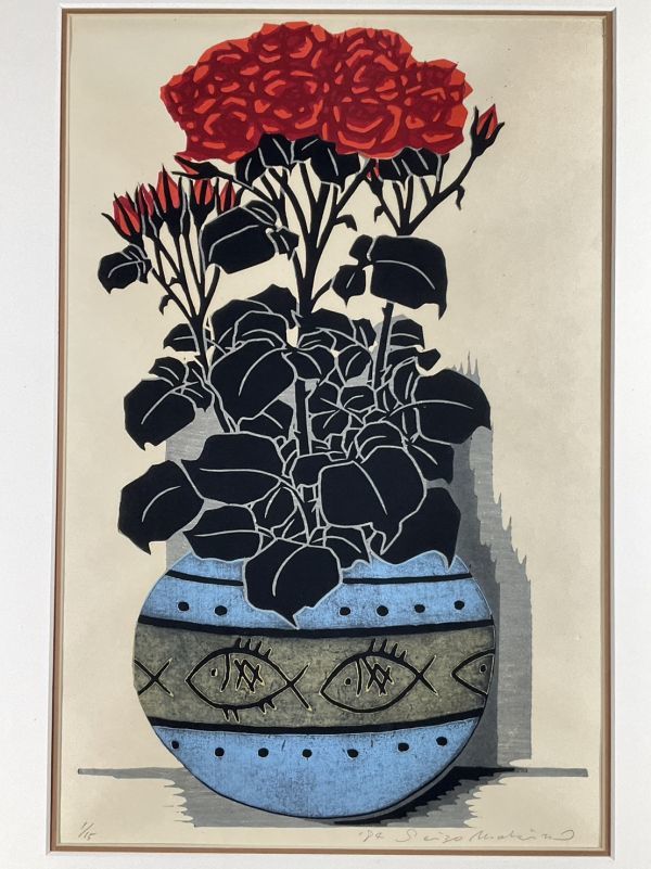 真作■木版画■牧野靖三■『バラ』■1984年■ORIGINAL WOODBLOCK PRINT■希少・逸品■額付絵画　2ｃ_画像1