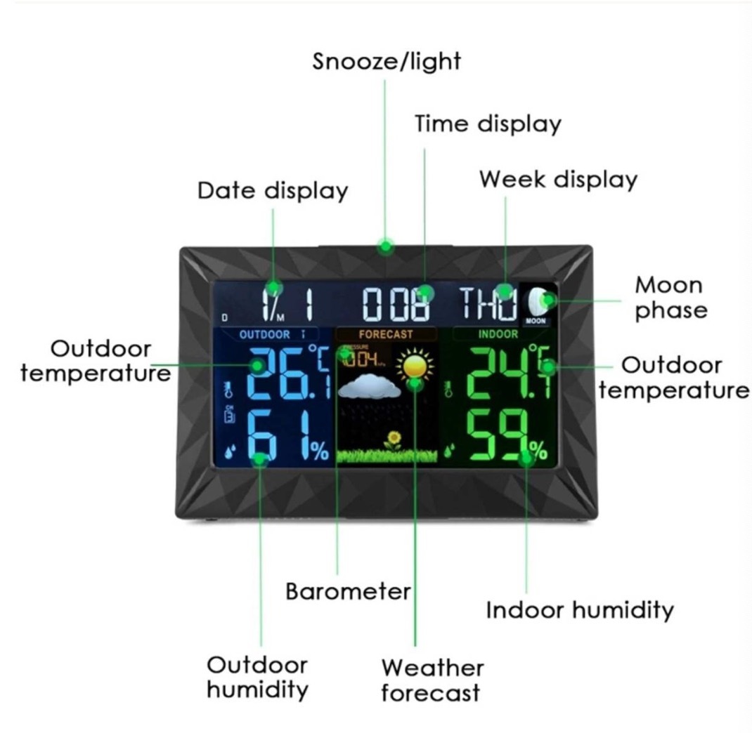 【新品・送料無料】ワイヤレスウェザーステーション 温度計湿度計 大型カラーLCD 天気予報 リモートセンサー 温度湿度モニター/アラート