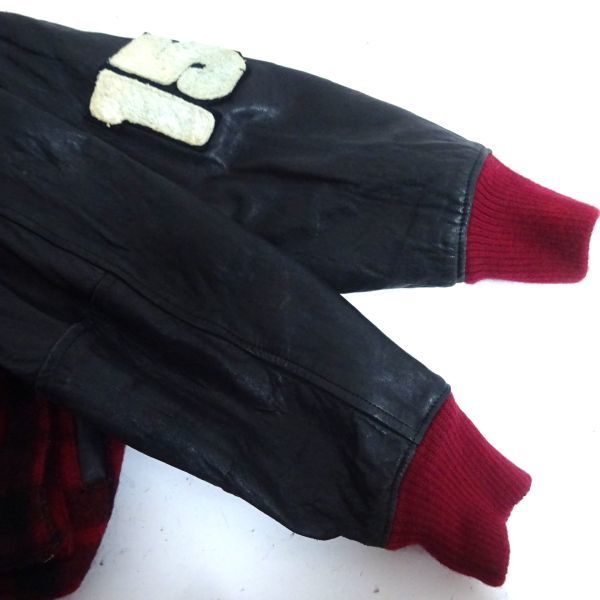 ◆BIGI ビギ スタジャン ウールジャケット ジャンパー 袖羊革 バックロゴ ワッペン チェック 赤×黒 レッド×ブラック M_画像10