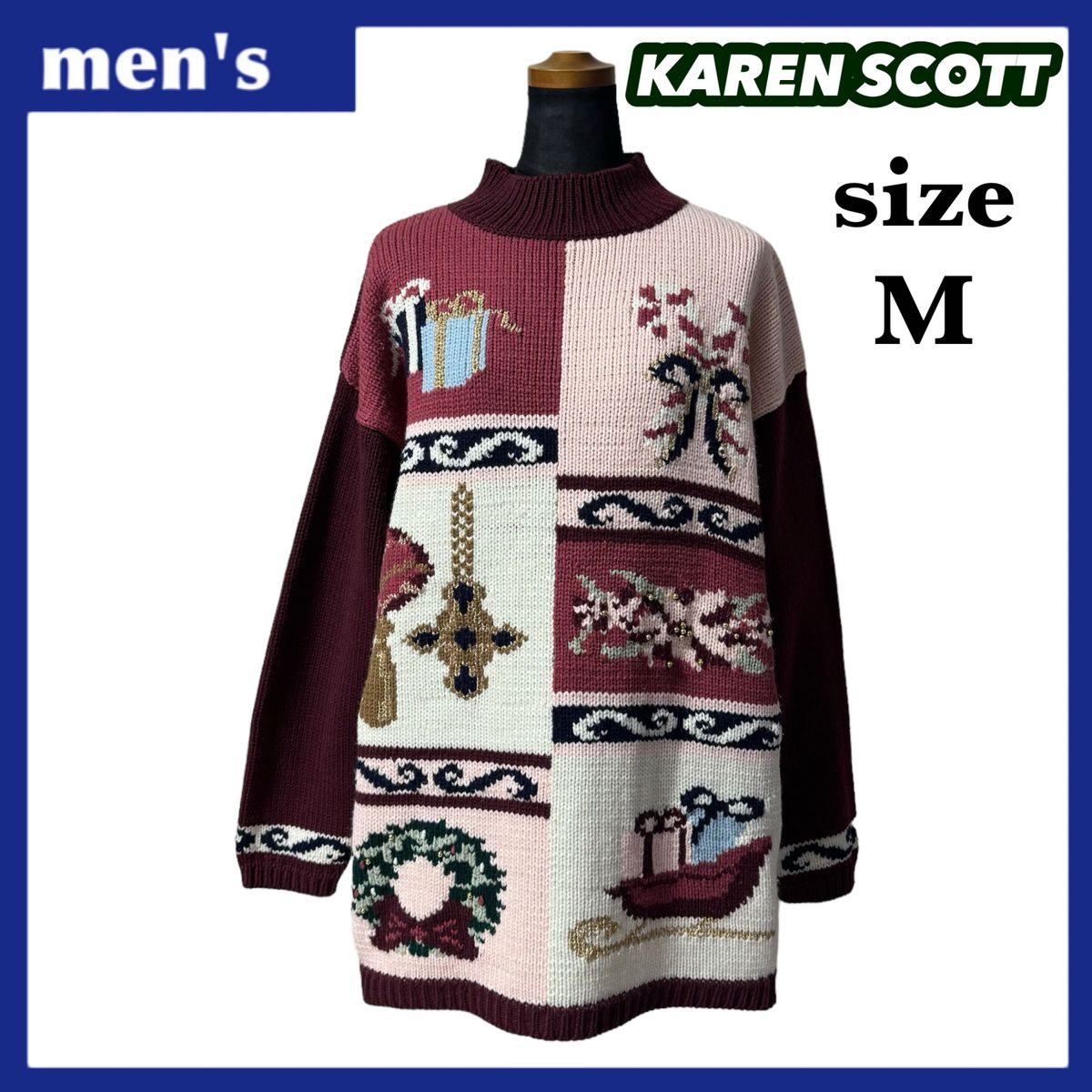 KAREN SCOTT カレンスコット ボトルネック ニット デザインニット セーター メンズ サイズM マルチカラー 総柄