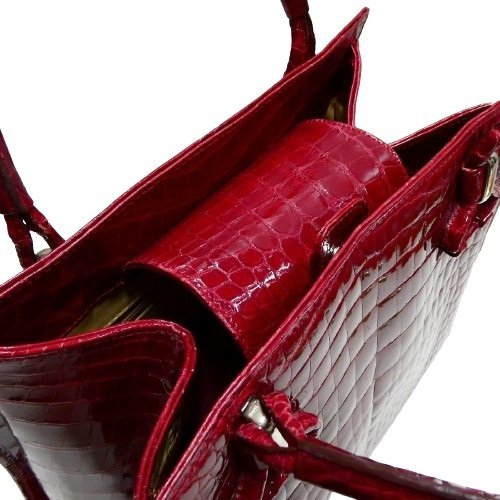 Y1◆【美品】Rozani シャイニングクロコ ハンドバッグ 赤 レッド クロコダイル ワニ革 高級 エキゾチックレザー シンガポール製の画像6