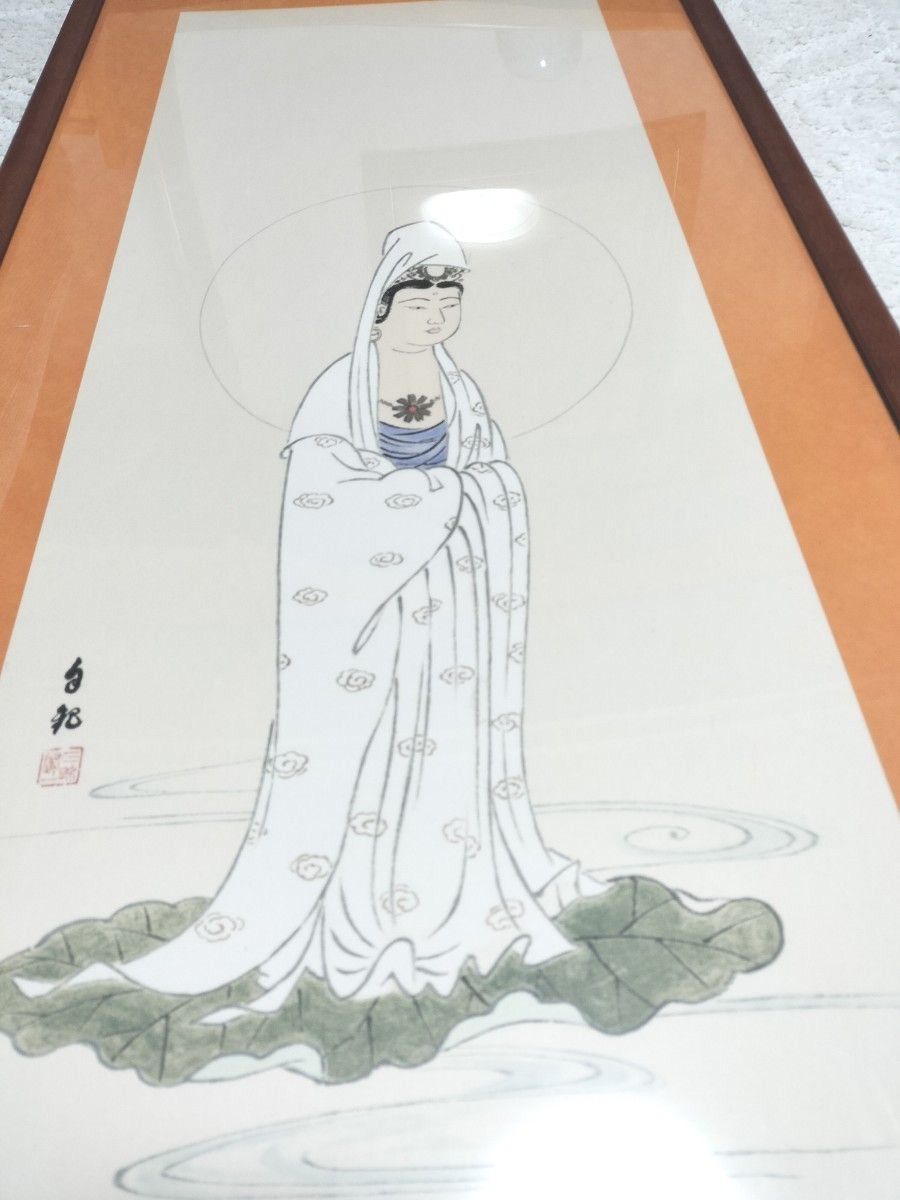 セール 世界救世教 岡田茂吉 描画 一葉観音 紅梅 鶴 様額 日本画 セール 世界救世教 岡田茂吉 描画 一葉観音 紅梅 鶴 様額 日本画