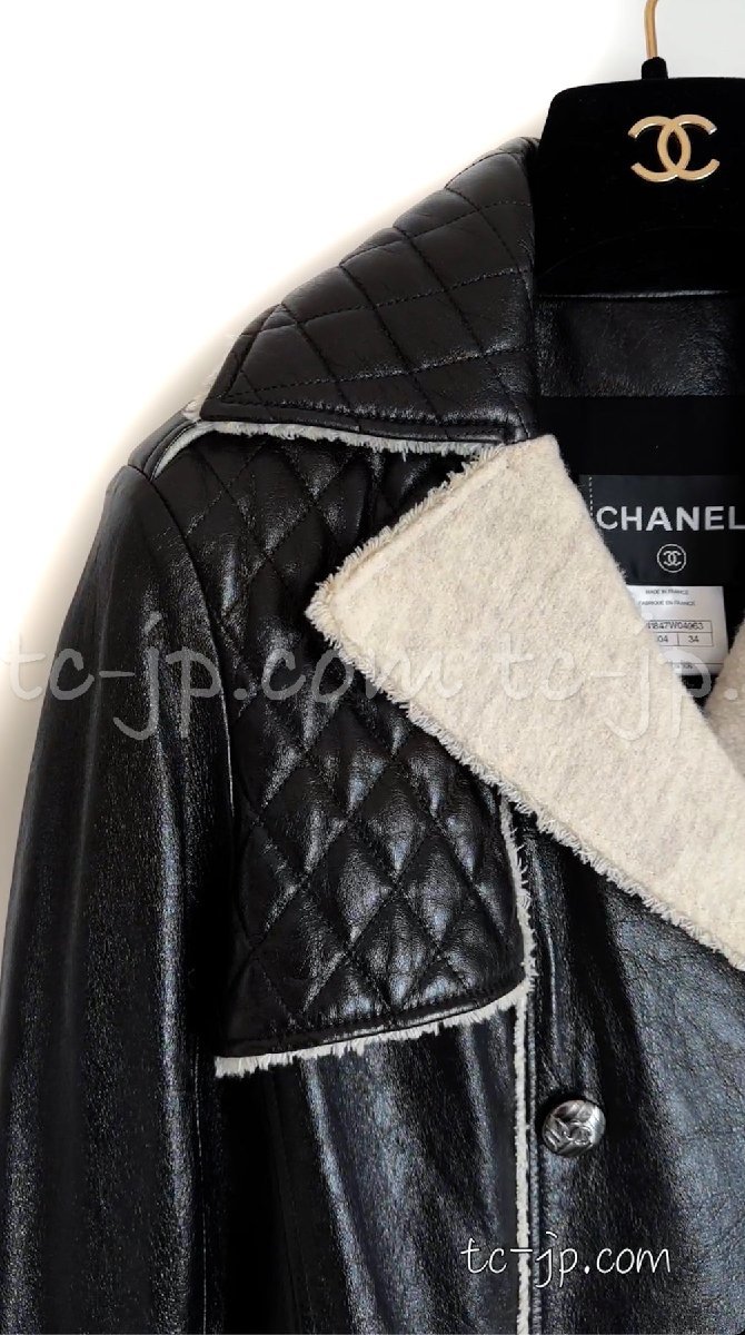  Chanel пальто CHANEL черный чёрный высший класс овчина кожа .. . легкий! первоклассный. удобный двойной CC Logo здесь кнопка очень красивый товар 34