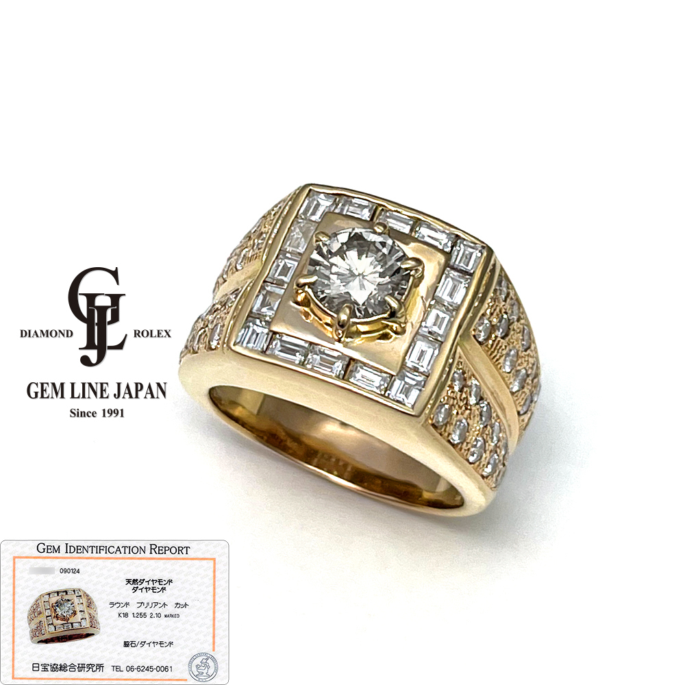 【きれいめファッション51選】上品さと清潔感をキープし ダイヤモンド K18 1.255ct カード鑑付 リング 印台 メンズ 2.10ct 脇石 ゴールド