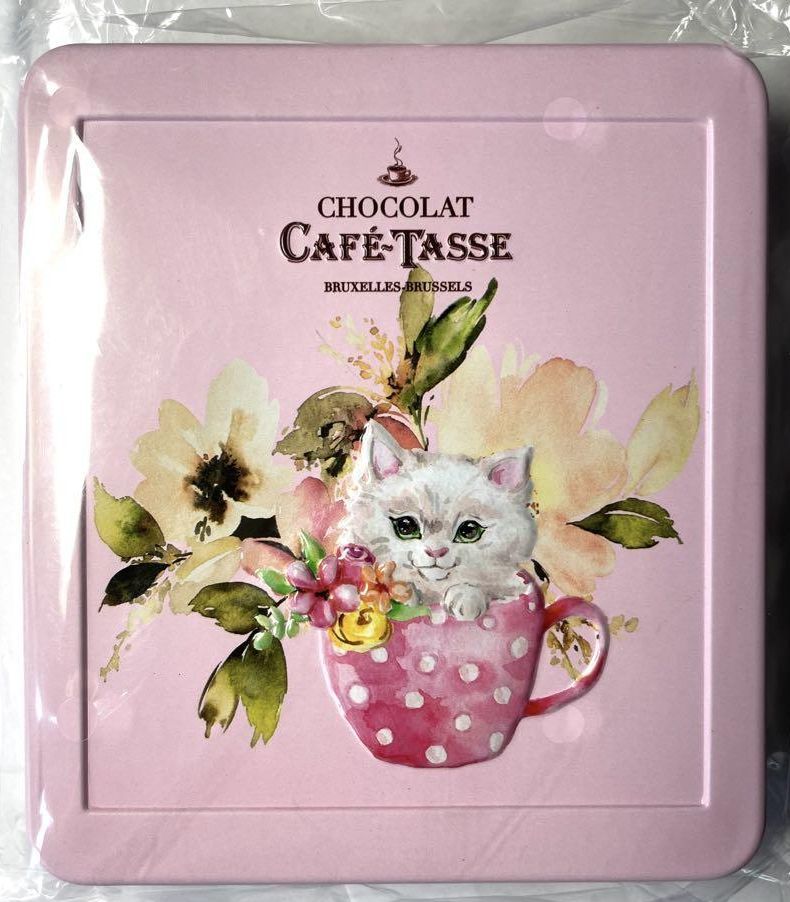 未使用　空き缶　CAFE-TASSE　カフェタッセ　チョコレート☆ベルギー製　ミニタブレットアソート ネコ缶18Pサイズ　猫　ピンク　中身なし_画像1