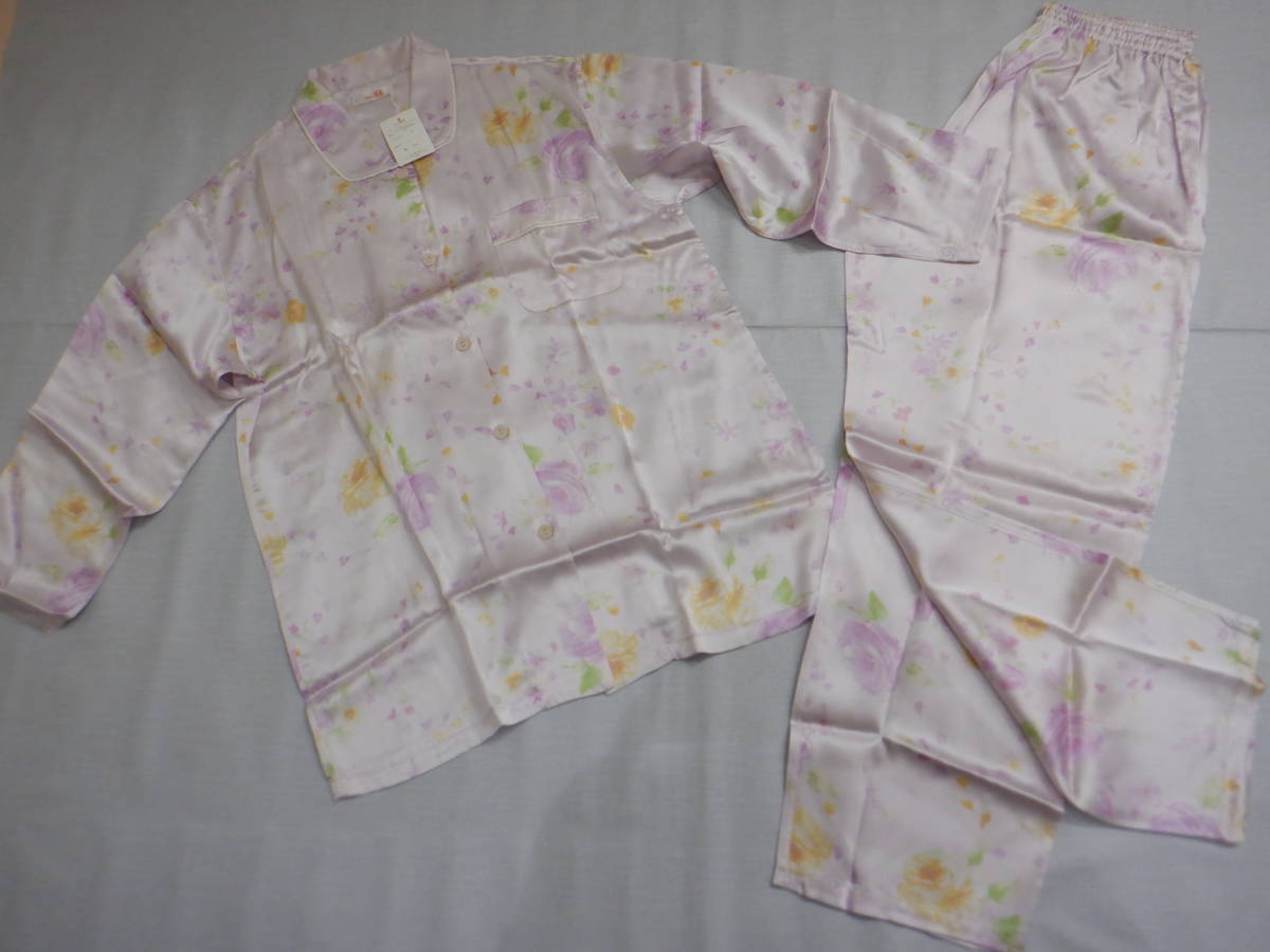 !clubH.L ash L! silk 100% lady's silk pyjamas [L] long sleeve long trousers light purple floral print Night wear!
