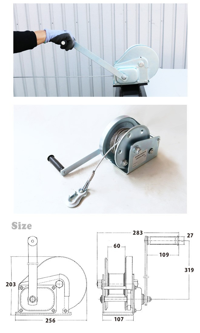 ハンドウインチ オートブレーキ付 (中) ワイヤー15ｍ 牽引能力820kg 手動ウインチ 回転式ミニウインチ ウィンチ KIKAIYA_画像4