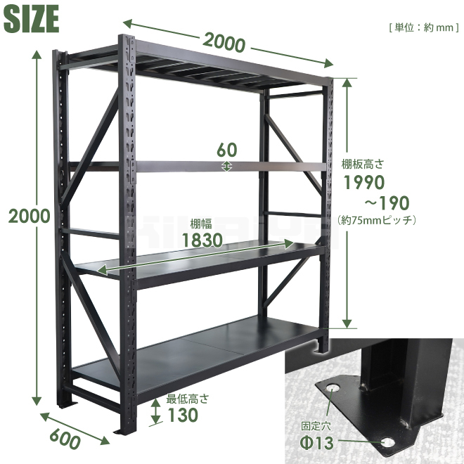 KIKAIYA スチールラック 4段 ブラック 業務用 中量棚 メタルラック 耐荷重350kg×4段 （個人様は営業所止め）_画像6