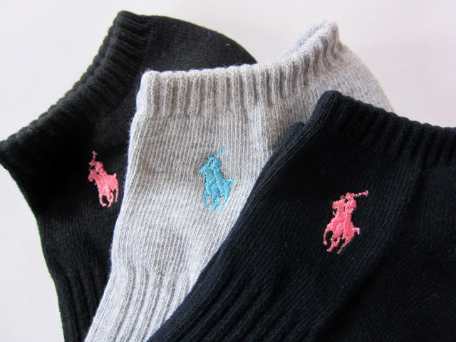 POLO ラルフローレン新品！3足セット マーク刺繍ショートソックス 23-25cm黒紺灰 送料無料 RALPHLAURENハーフパイル_画像2