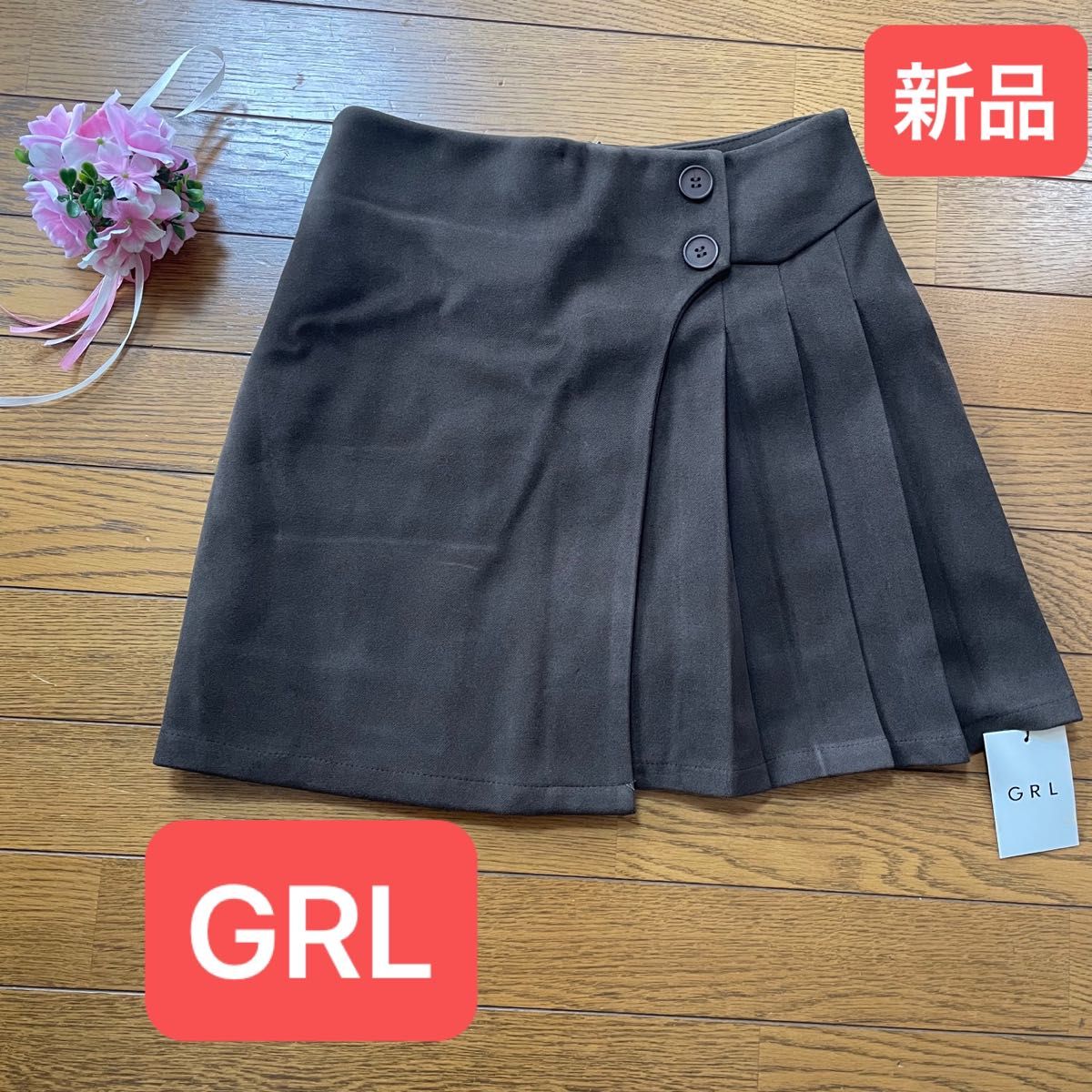 ★新品★GRL S〜M インパン裏地付きプリーツ切替ミニスカート　スカパン　jk キュロット　ブラウン　茶