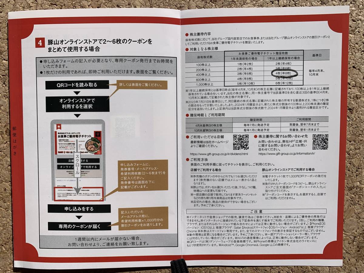 町田商店、豚山 ■ ギフトホールディングス お食事ご優待チケット ☆ ４枚 ■ 期限 202５年１月　 _画像3