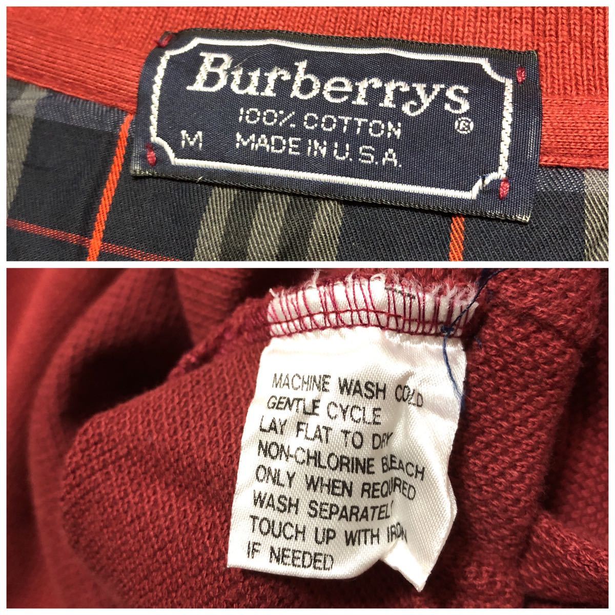 70-90's /米国製 /Burberrys /バーバリーズ メンズM 長袖 ポロシャツ トップス ロゴ刺繍 リブ袖 コットン100% アメカジ USA ビンテージ古着_画像8