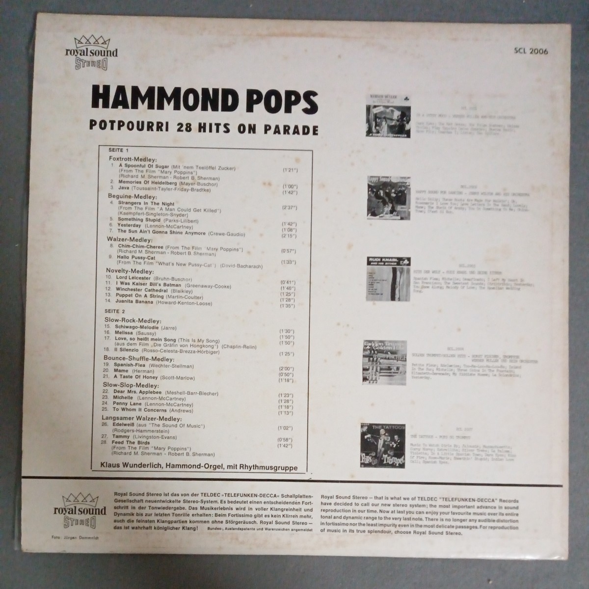 Hammond Pops Potpourri 28 Hits On Parade Klaus Wunderlich LP SCL 2006 美盤　ハモンドオルガン_画像2