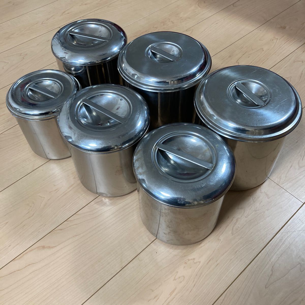 [ secondhand goods ] round deep type kitchen pot / stainless steel pot / stockpot / cookware / business use / cover attaching / 6 piece set 