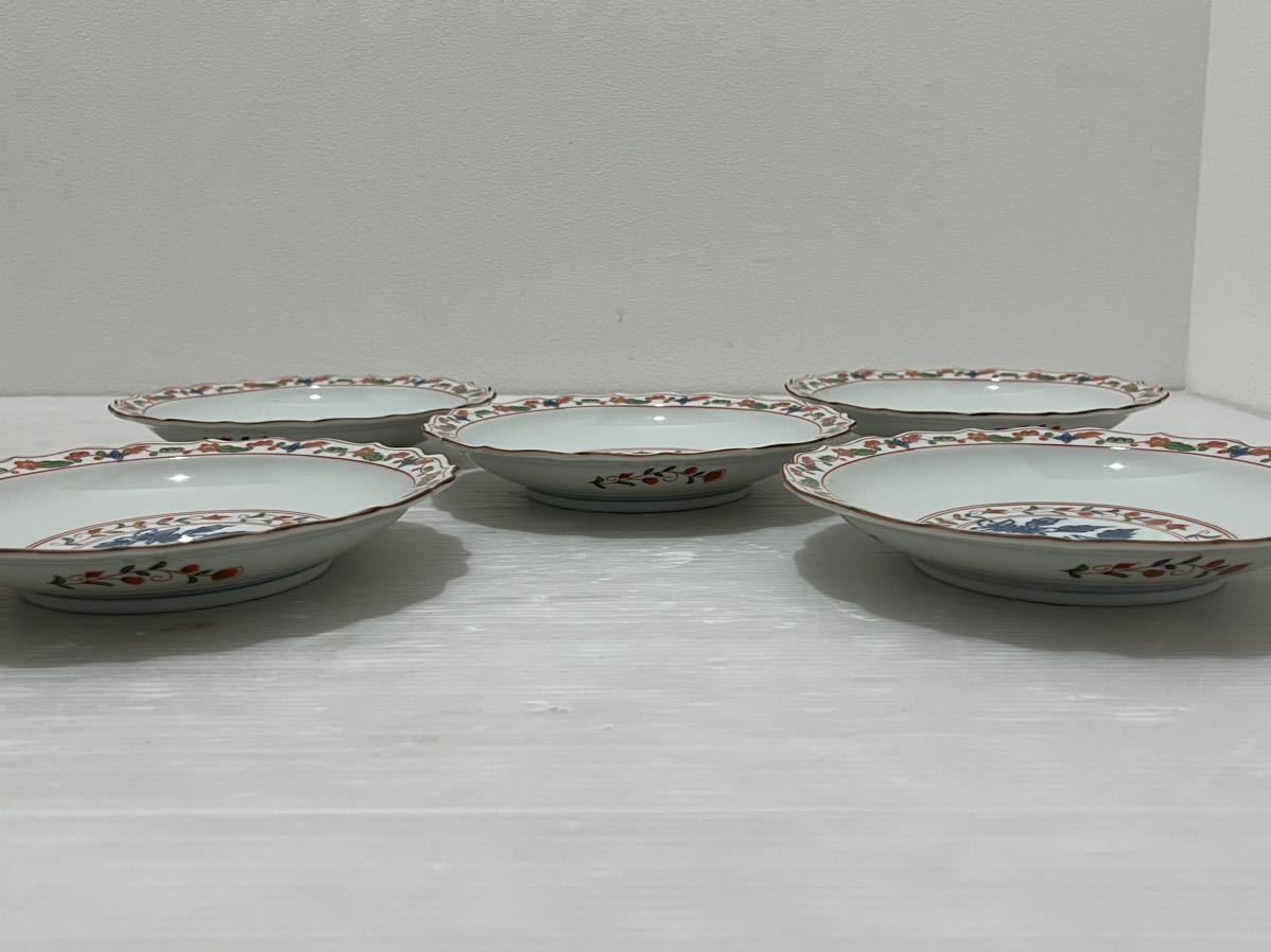D(0122x2) 新品 未使用 橘吉 たち吉 中皿 赤絵 花咲 陶器 食器 5枚セット_画像4