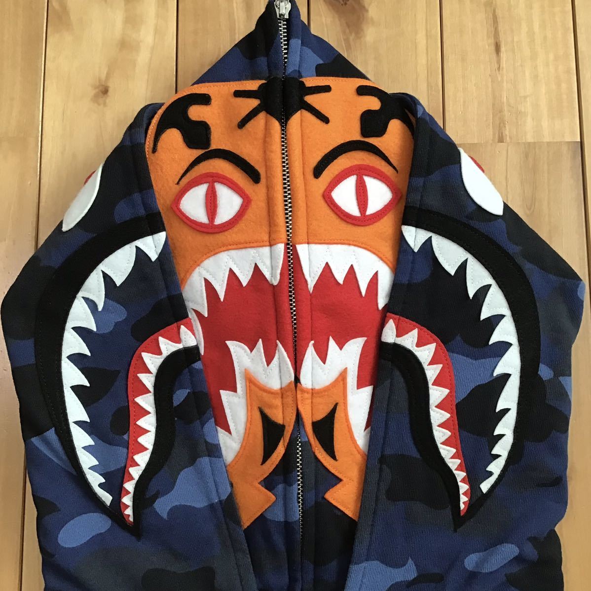 ★3XL★ ダブル タイガー シャーク パーカー Double tiger shark full zip hoodie a bathing ape BAPE Blue camo エイプ ベイプ XXXL z756_画像3